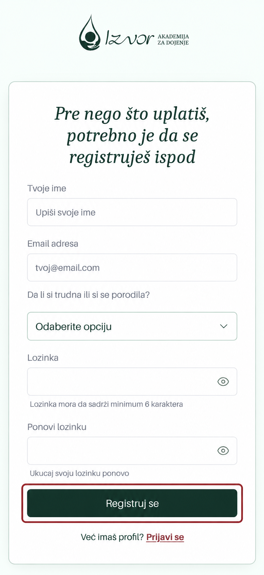 Forma za registraciju na Izvor