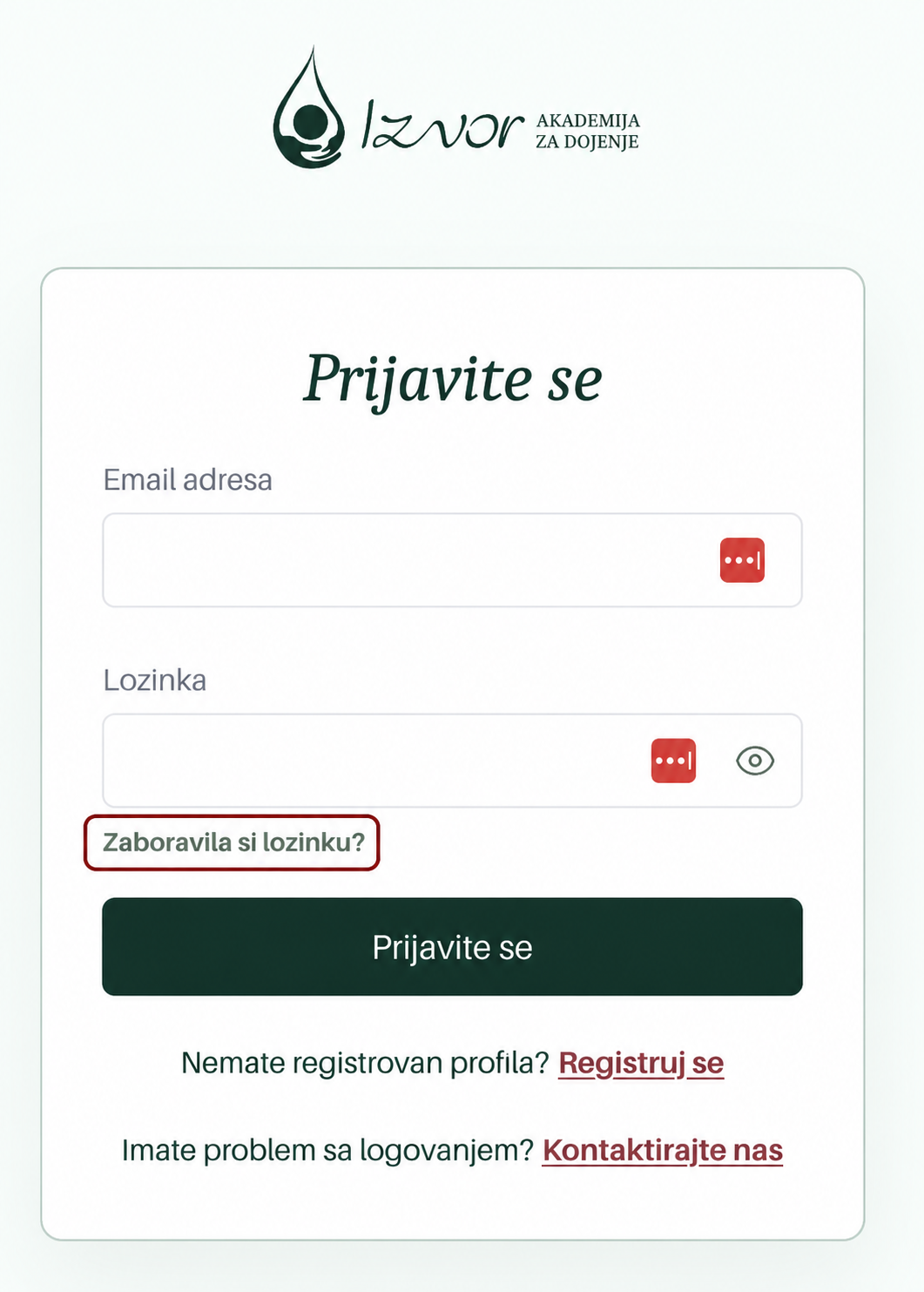 Link Zaboravila si lozinku na stranici za prijavu
